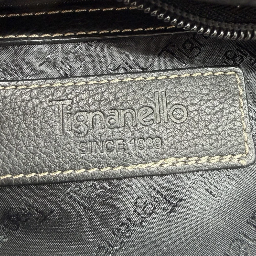 Tignanello Vintage Pebbled Leather Hobo Bag Purse Black Metallic Stripes Y2K